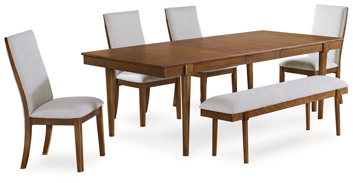 Lyncott Beige/Brown Extension Dining Table, 4 Chairs and Bench from Ashley Furniture - Luna Furniture