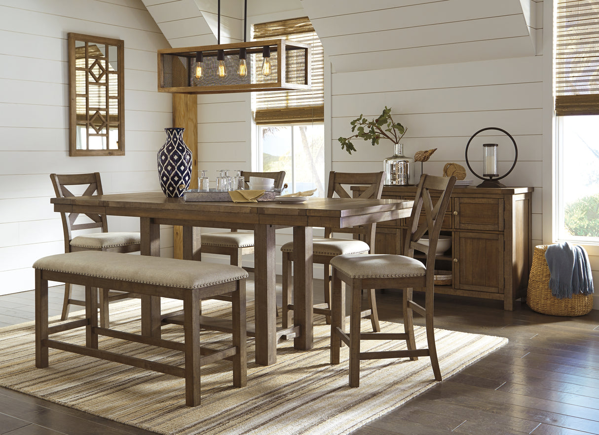 Moriville Grayish Brown Counter Height Dining Table with 4 Barstools, Bench, and Server from Ashley Furniture - Luna Furniture