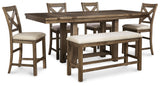 Moriville Grayish Brown Counter Height Dining Table with 4 Barstools and Bench from Ashley Furniture - Luna Furniture