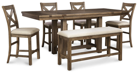 Moriville Grayish Brown Counter Height Dining Table with 4 Barstools and Bench from Ashley Furniture - Luna Furniture