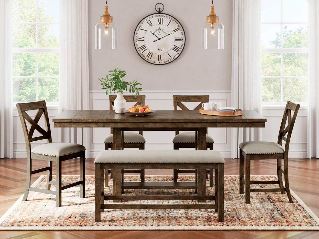 Moriville Grayish Brown Counter Height Dining Table with 4 Barstools and Bench from Ashley Furniture - Luna Furniture