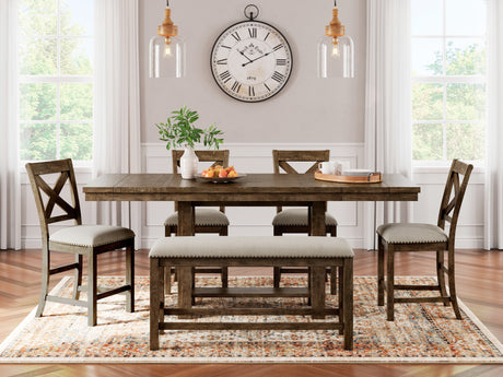 Moriville Grayish Brown Counter Height Dining Table with 4 Barstools and Bench from Ashley Furniture - Luna Furniture