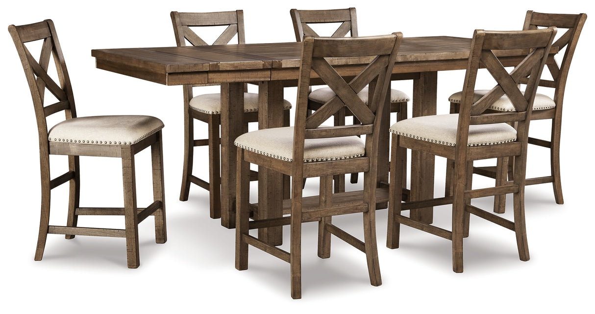 Moriville Counter Height Dining Table and 6 Barstools in Grayish Brown from Ashley Furniture - Luna Furniture
