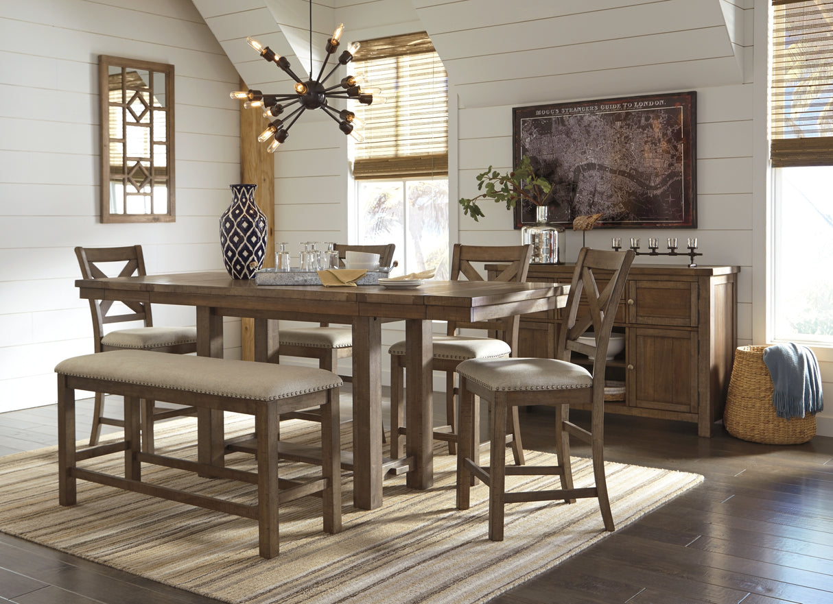 Moriville Grayish Brown Counter Height Dining Table with 4 Barstools, Bench, and Server from Ashley Furniture - Luna Furniture