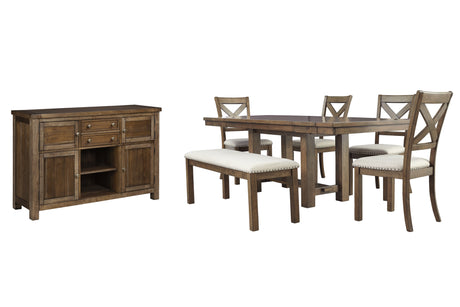 Moriville Grayish Brown Dining Table and 4 Chairs and Bench with Server from Ashley - Luna Furniture
