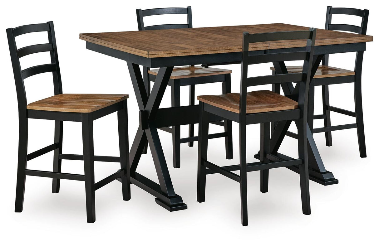 Wildenauer Brown/Black Counter Height Extension Dining Table and 4 Barstools from Ashley - Luna Furniture