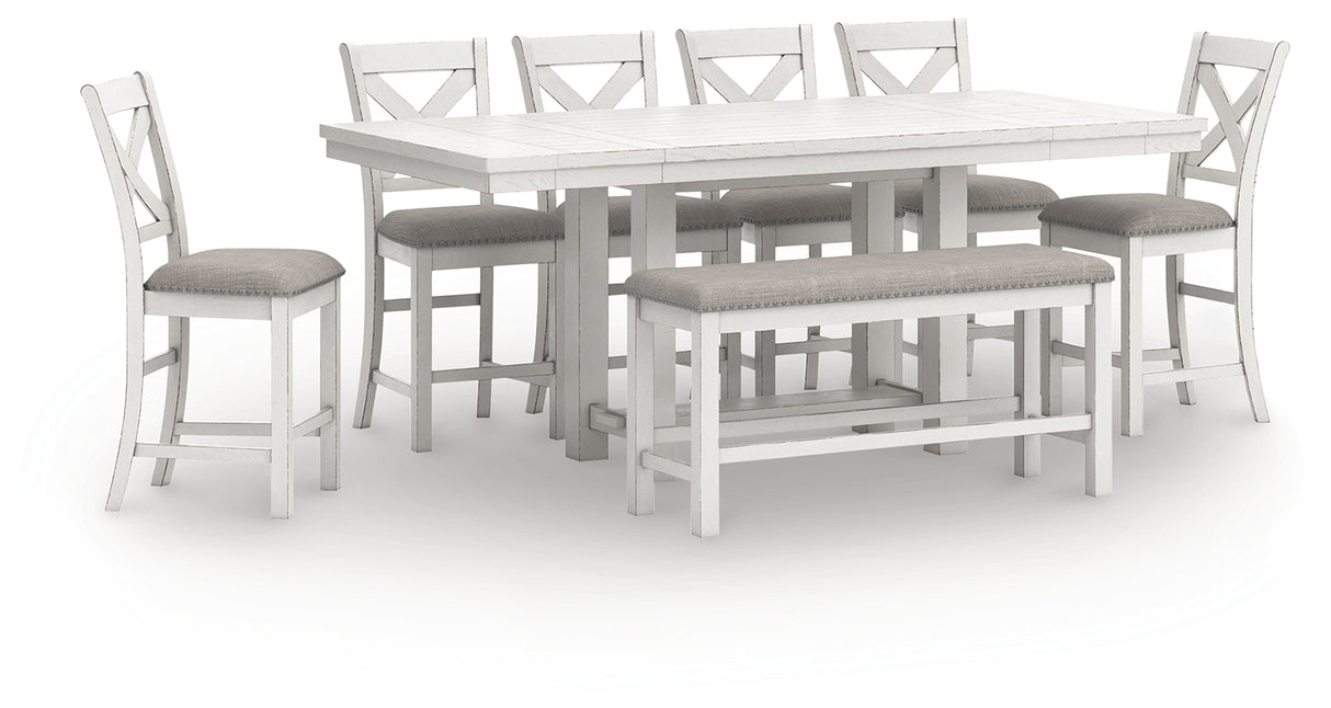 Robbinsdale Antique White Counter Height Extension Dining Table, 6 Barstools and Bench from Ashley - Luna Furniture