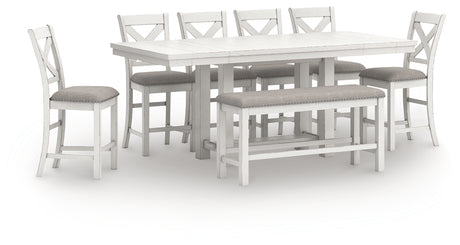 Robbinsdale Antique White Counter Height Extension Dining Table, 6 Barstools and Bench from Ashley - Luna Furniture