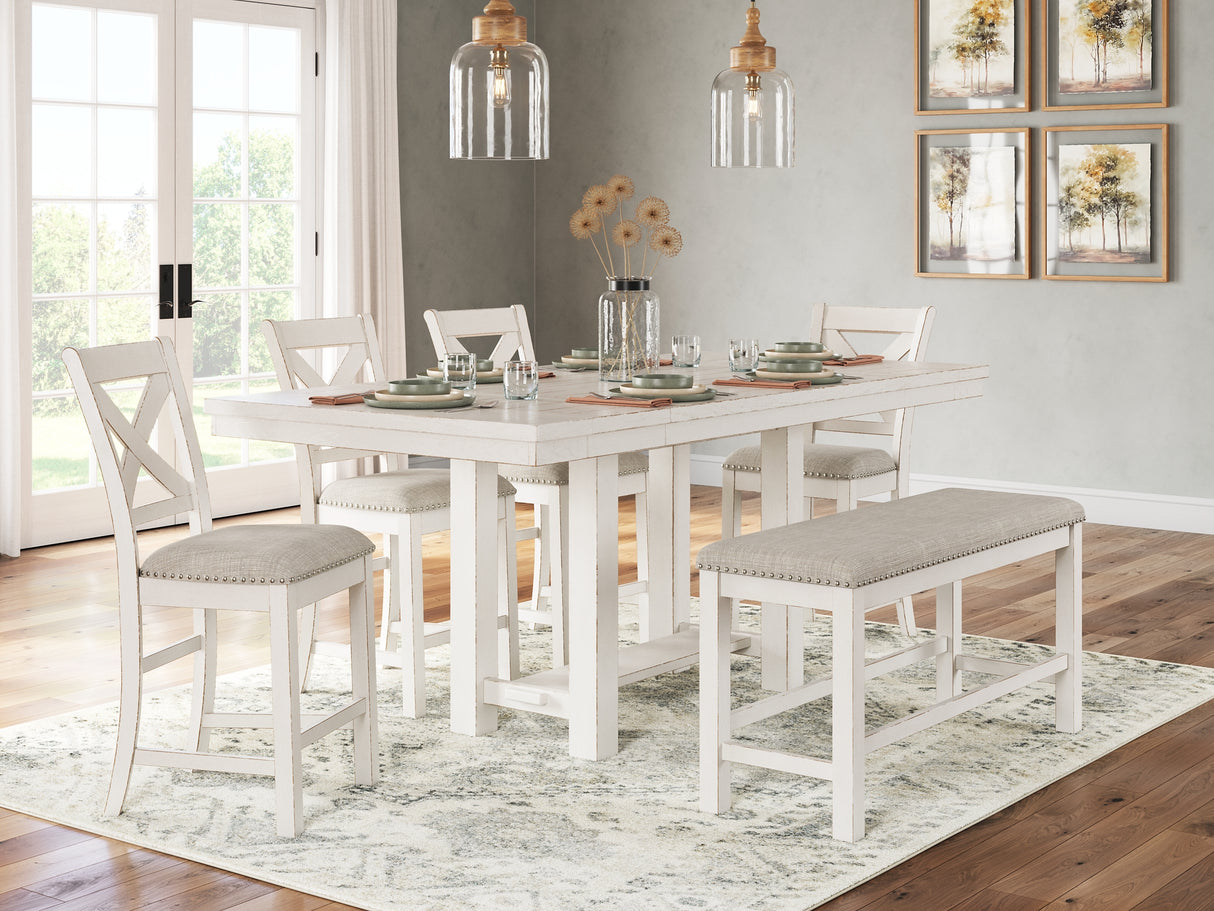 Robbinsdale Antique White Counter Height Dining Table and 4 Barstools and Bench from Ashley Furniture - Luna Furniture