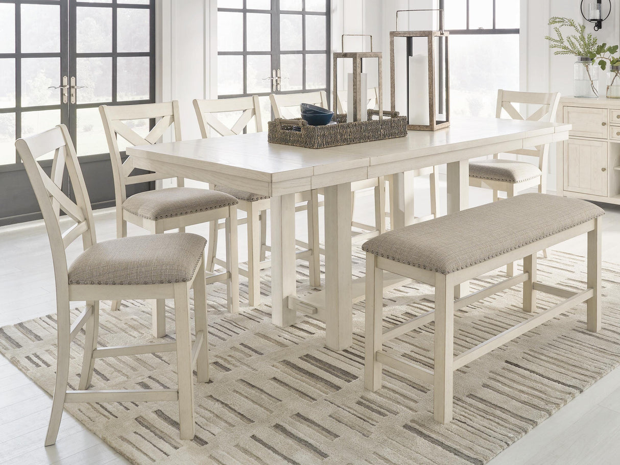 Robbinsdale Antique White Counter Height Extension Dining Table, 6 Barstools and Bench from Ashley - Luna Furniture