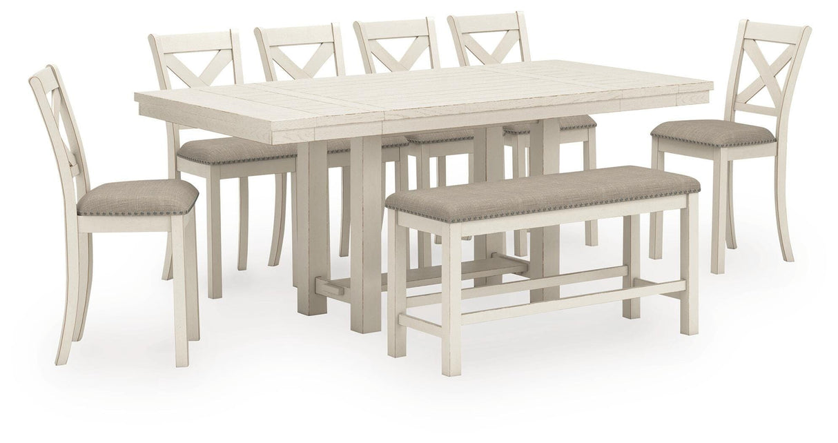 Robbinsdale Antique White Counter Height Extension Dining Table, 6 Barstools and Bench from Ashley - Luna Furniture