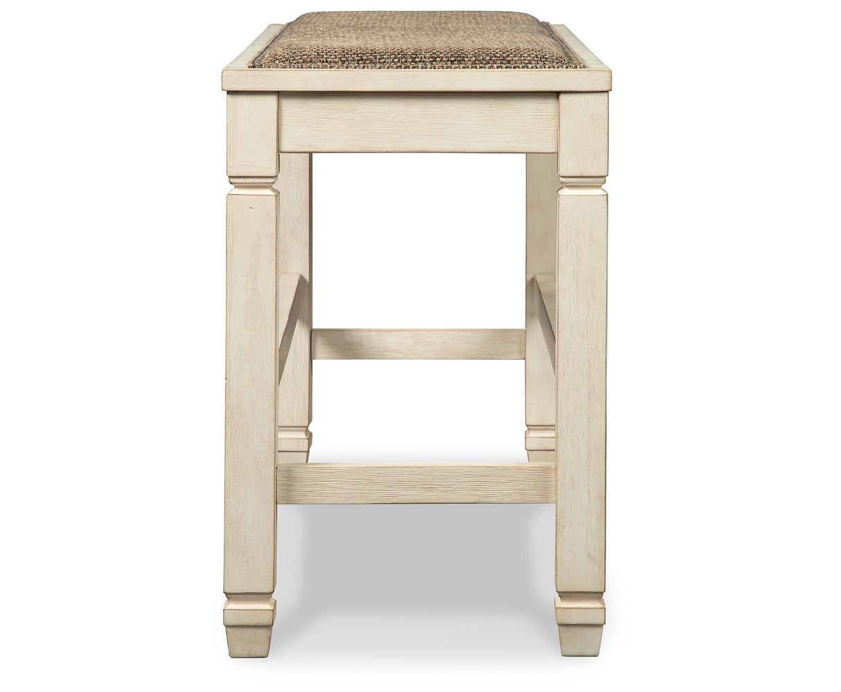 Bolanburg Antique White Counter Height Dining Table, 4 Stools, Bench and 2 Display Cabinets from Ashley Furniture - Luna Furniture