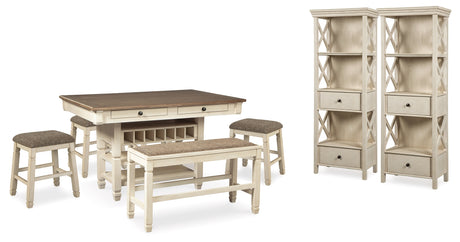 Bolanburg Antique White Counter Height Dining Table, 4 Stools, Bench and 2 Display Cabinets from Ashley Furniture - Luna Furniture