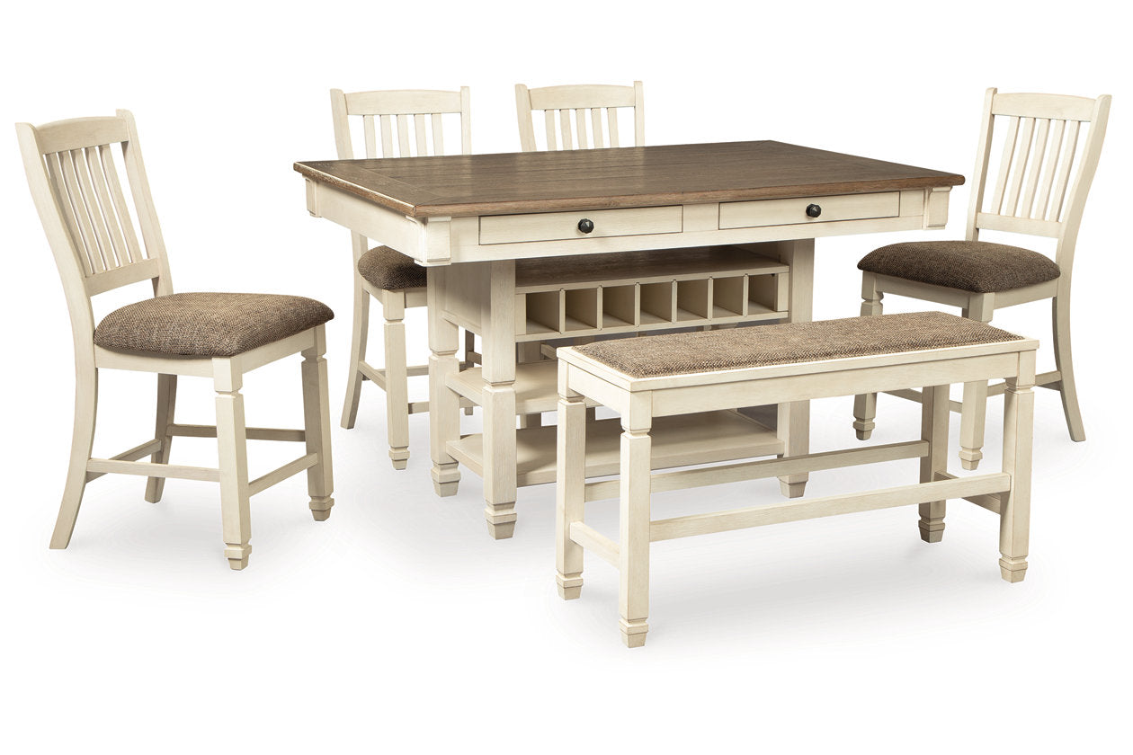Bolanburg Antique White Counter Height Dining Table and 4 Barstools and Bench from Ashley Furniture - Luna Furniture
