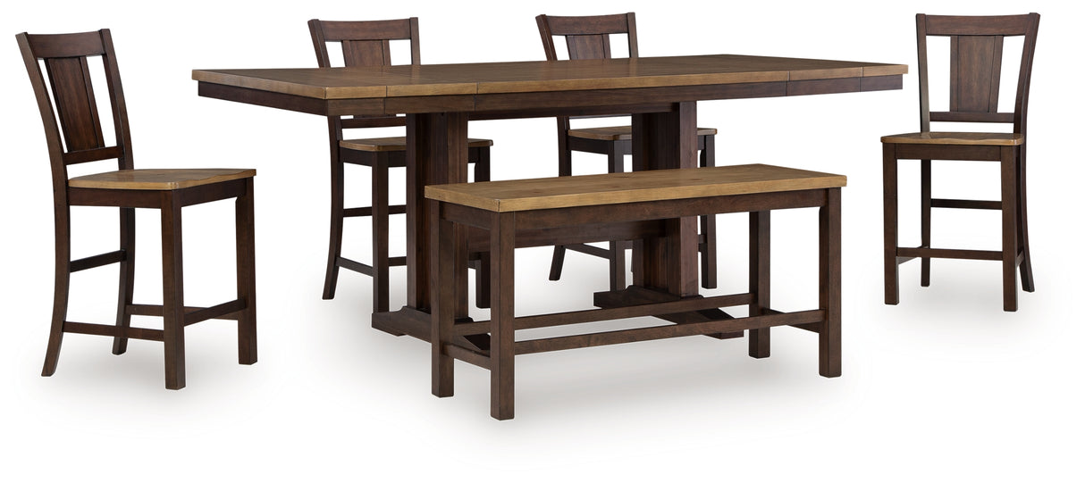 Rylandeen Light Brown/Dark Brown Counter Height Extension Dining Table 4 Barstools and Bench from Ashley Furniture - Luna Furniture