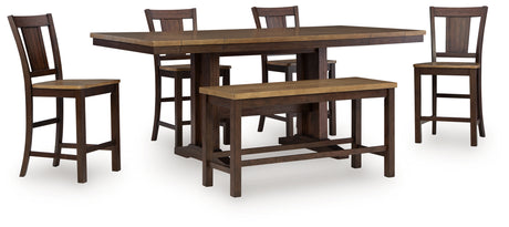 Rylandeen Light Brown/Dark Brown Counter Height Extension Dining Table 4 Barstools and Bench from Ashley - Luna Furniture