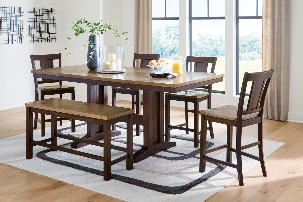 Rylandeen Light Brown/Dark Brown Counter Height Extension Dining Table 4 Barstools and Bench from Ashley Furniture - Luna Furniture