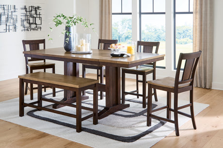 Rylandeen Light Brown/Dark Brown Counter Height Extension Dining Table 4 Barstools and Bench from Ashley - Luna Furniture