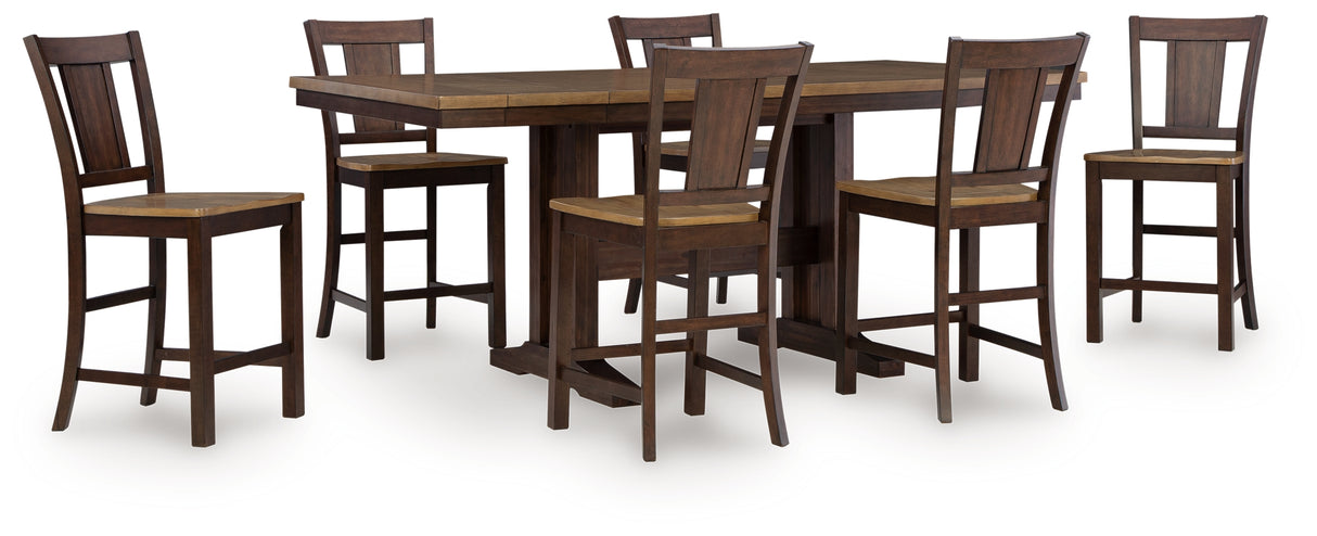 Rylandeen Light Brown/Dark Brown Counter Height Extension Dining Table and 6 Barstools from Ashley - Luna Furniture