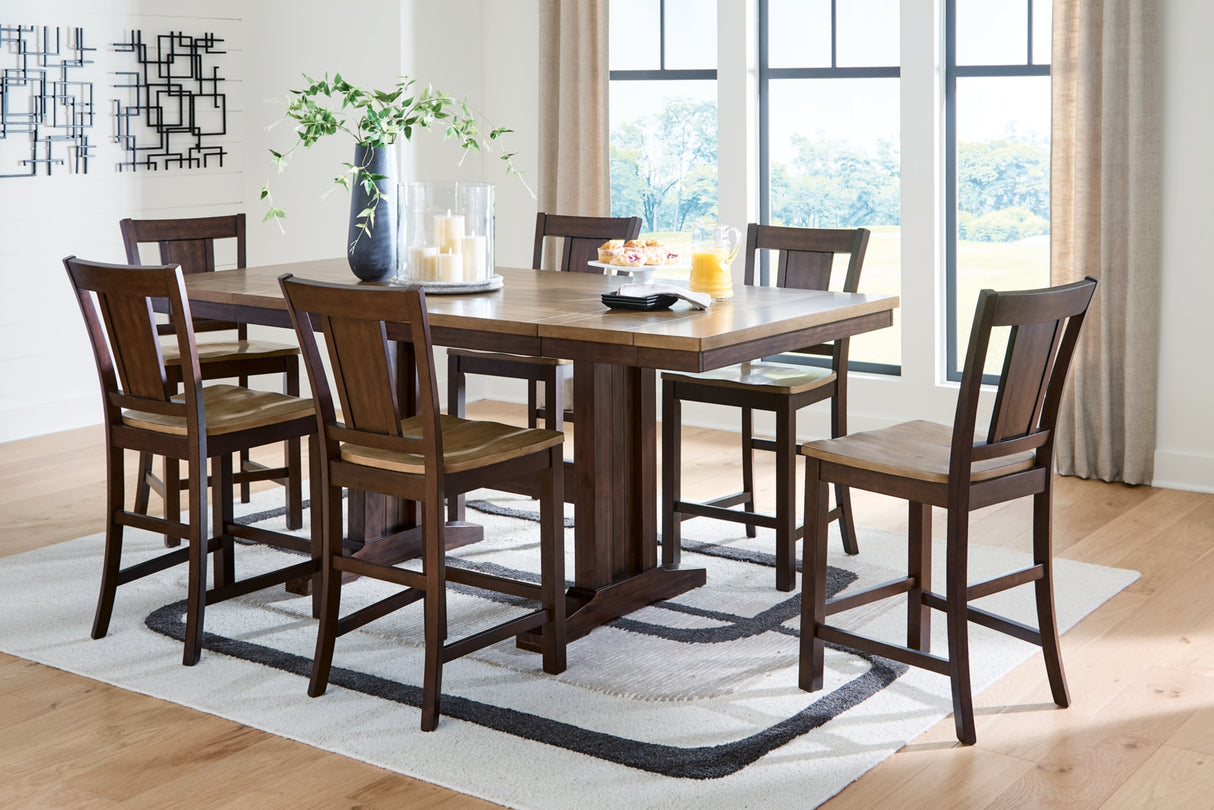 Rylandeen Light Brown/Dark Brown Counter Height Extension Dining Table and 6 Barstools from Ashley - Luna Furniture