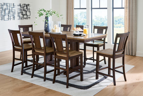 Rylandeen Light Brown/Dark Brown Counter Height Extension Dining Table and 8 Barstools from Ashley - Luna Furniture