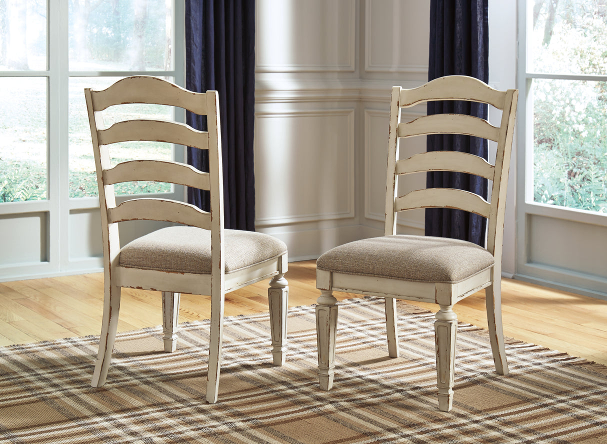 Realyn Chipped White Rectangular Dining Table and 8 Ladder Back Chairs from Ashley Furniture - Luna Furniture