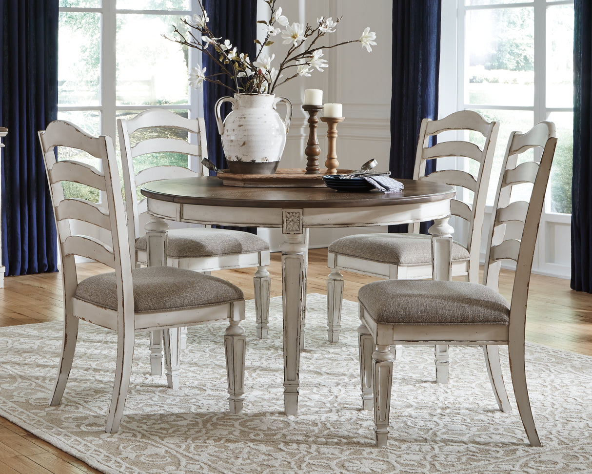 Realyn Chipped White Oval Dining Table and 4 Ladder Back Chairs from Ashley Furniture - Luna Furniture