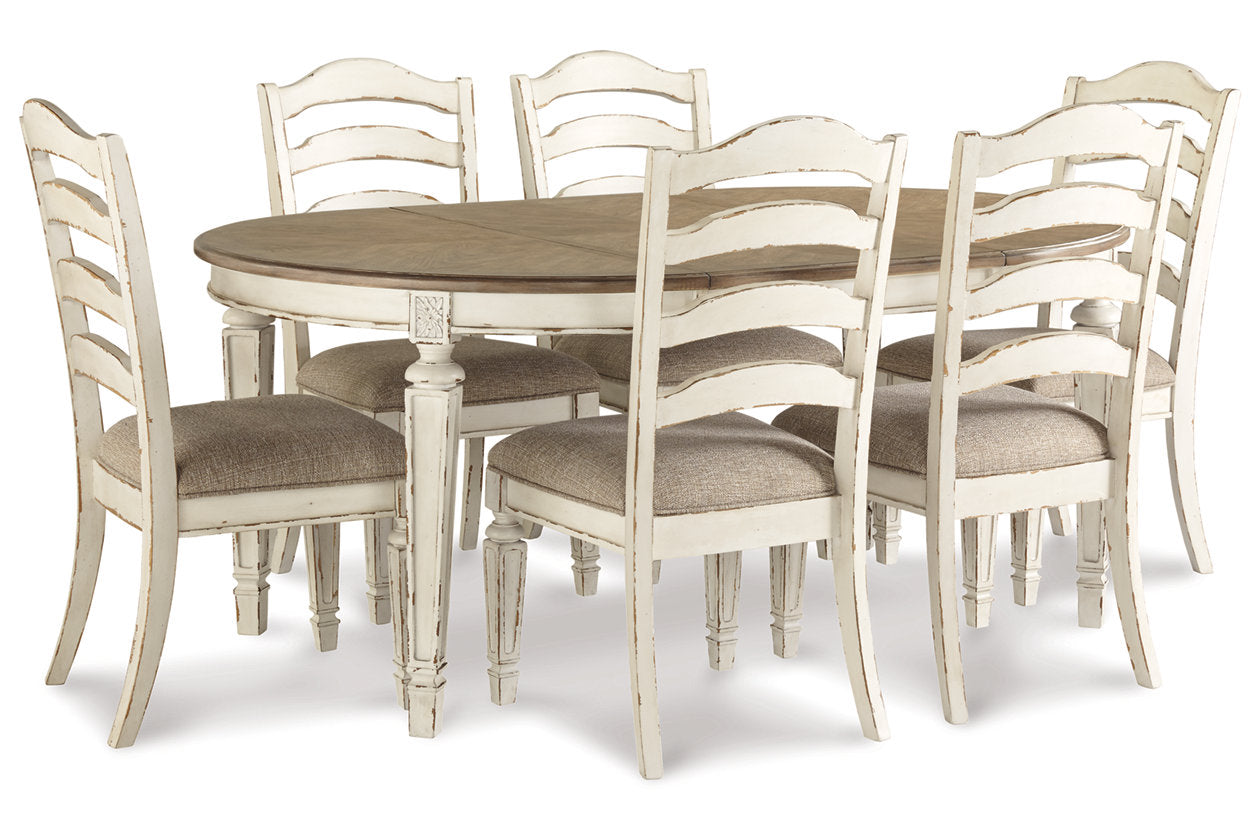 Realyn Chipped White Oval Dining Table and 6 Ladder Back Chairs from Ashley Furniture - Luna Furniture