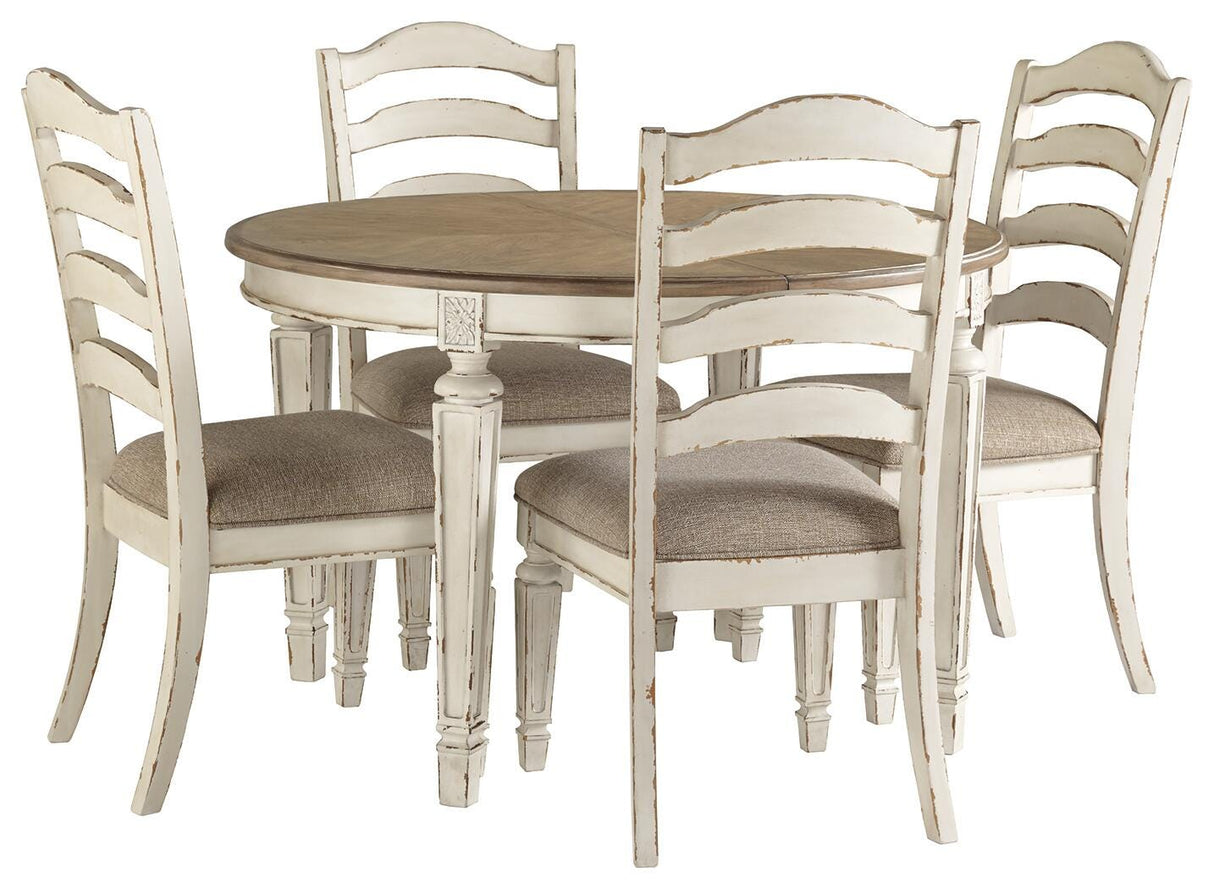 Realyn Chipped White Oval Dining Table and 4 Ladder Back Chairs from Ashley Furniture - Luna Furniture