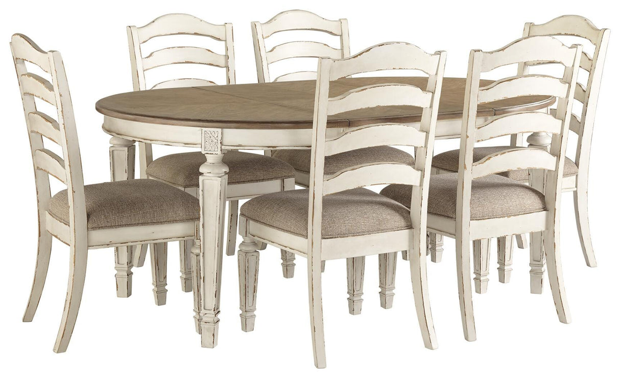 Realyn Chipped White Oval Dining Table and 6 Ladder Back Chairs from Ashley Furniture - Luna Furniture