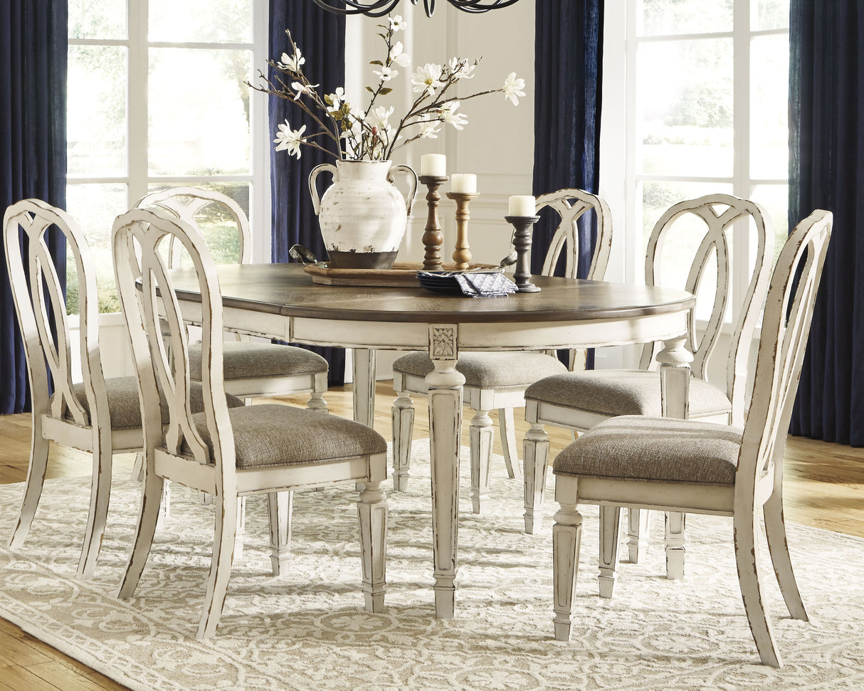 Realyn Chipped White Oval Extendable Round/Oval Ribbon Dining Set from Ashley Furniture - Luna Furniture
