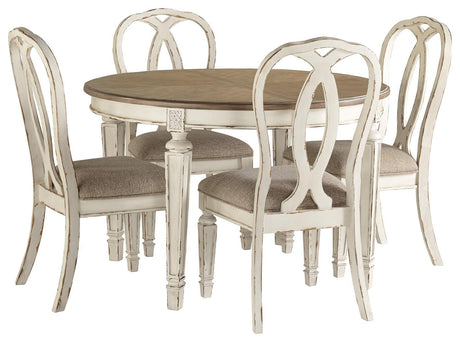 Realyn Chipped White Oval Extendable Round/Oval Ribbon Dining Set from Ashley Furniture - Luna Furniture