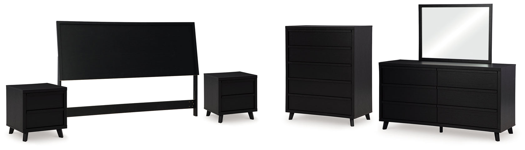 Danziar King Panel Headboard with Mirrored Dresser, Chest and 2 Nightstands in Black from Ashley - Luna Furniture