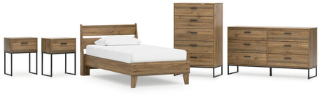 Deanlow Twin Platform Panel Bed with Dresser, Chest and 2 Nightstands in Honey from Ashley - Luna Furniture