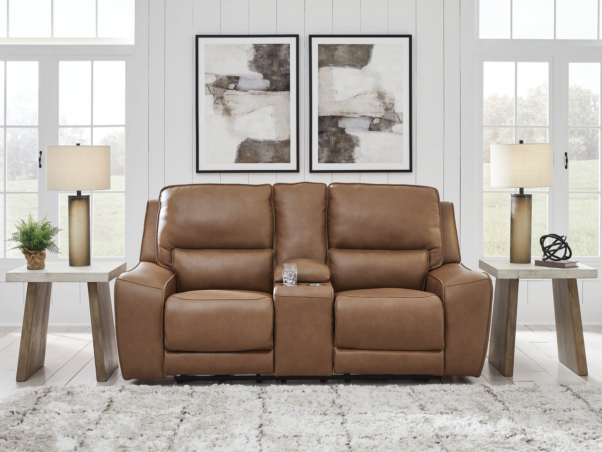 DeepWakes Caramel Power Reclining Loveseat with Console from Ashley Furniture - Luna Furniture