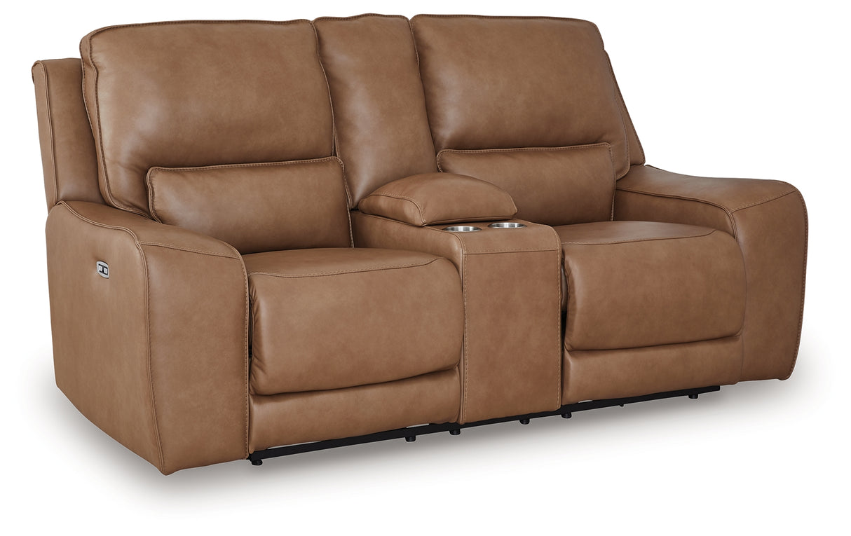 DeepWakes Caramel Power Reclining Loveseat with Console from Ashley Furniture - Luna Furniture