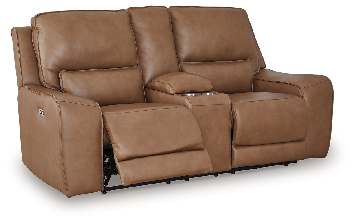 DeepWakes Caramel Power Reclining Loveseat with Console from Ashley Furniture - Luna Furniture
