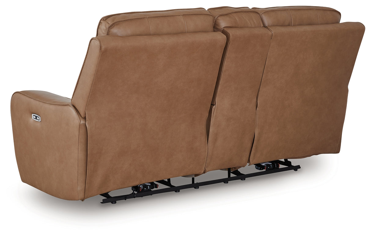 DeepWakes Caramel Power Reclining Loveseat with Console from Ashley Furniture - Luna Furniture