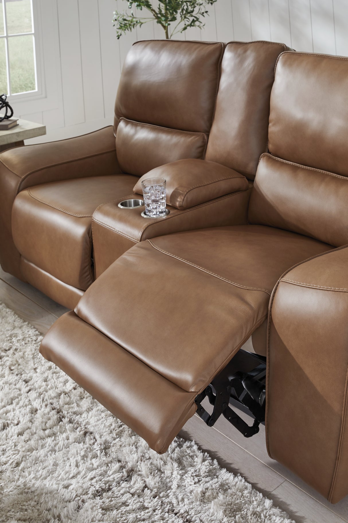 DeepWakes Caramel Power Reclining Loveseat with Console from Ashley Furniture - Luna Furniture