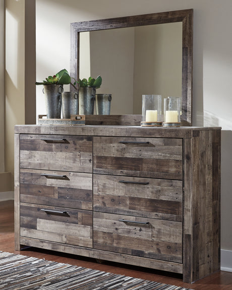 Derekson Queen/Full Panel Headboard Bed with Mirrored Dresser and Chest in Multi Gray from Ashley Furniture - Luna Furniture