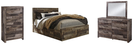 Derekson Queen Panel Bed with 4 Storage Drawers with Mirrored Dresser and Chest in Multi Gray from Ashley Furniture - Luna Furniture
