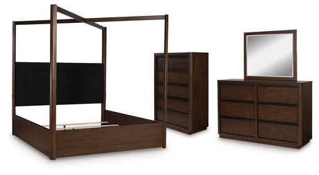Dilenno California King Canopy Bed with Mirrored Dresser and Chest in Dark Brown from Ashley - Luna Furniture
