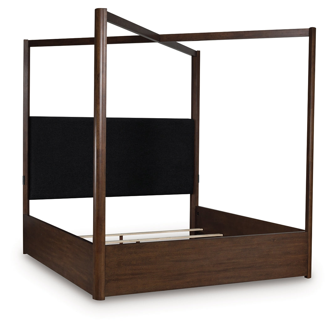 Dilenno California King Canopy Bed with Mirrored Dresser in Dark Brown from Ashley - Luna Furniture