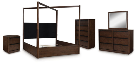 Dilenno King Canopy Bed with Mirrored Dresser, Chest and Nightstand in Dark Brown from Ashley - Luna Furniture