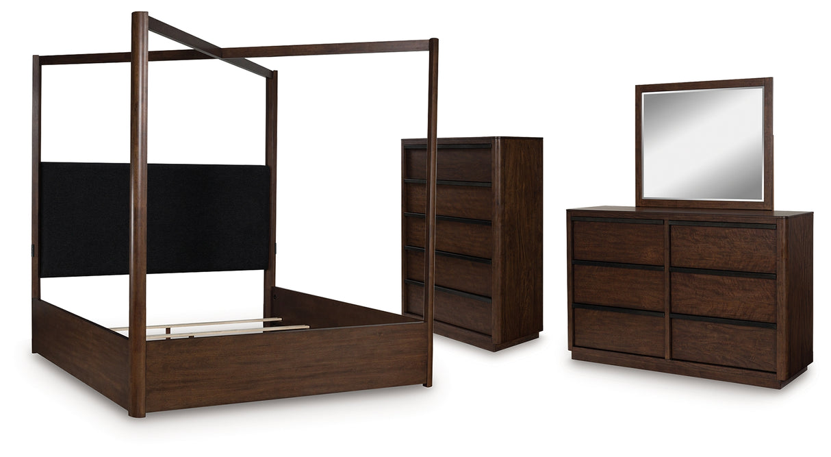 Dilenno King Canopy Bed with Mirrored Dresser and Chest in Dark Brown from Ashley - Luna Furniture