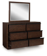 Dilenno Queen Canopy Bed with Mirrored Dresser and Nightstand in Dark Brown from Ashley Furniture - Luna Furniture