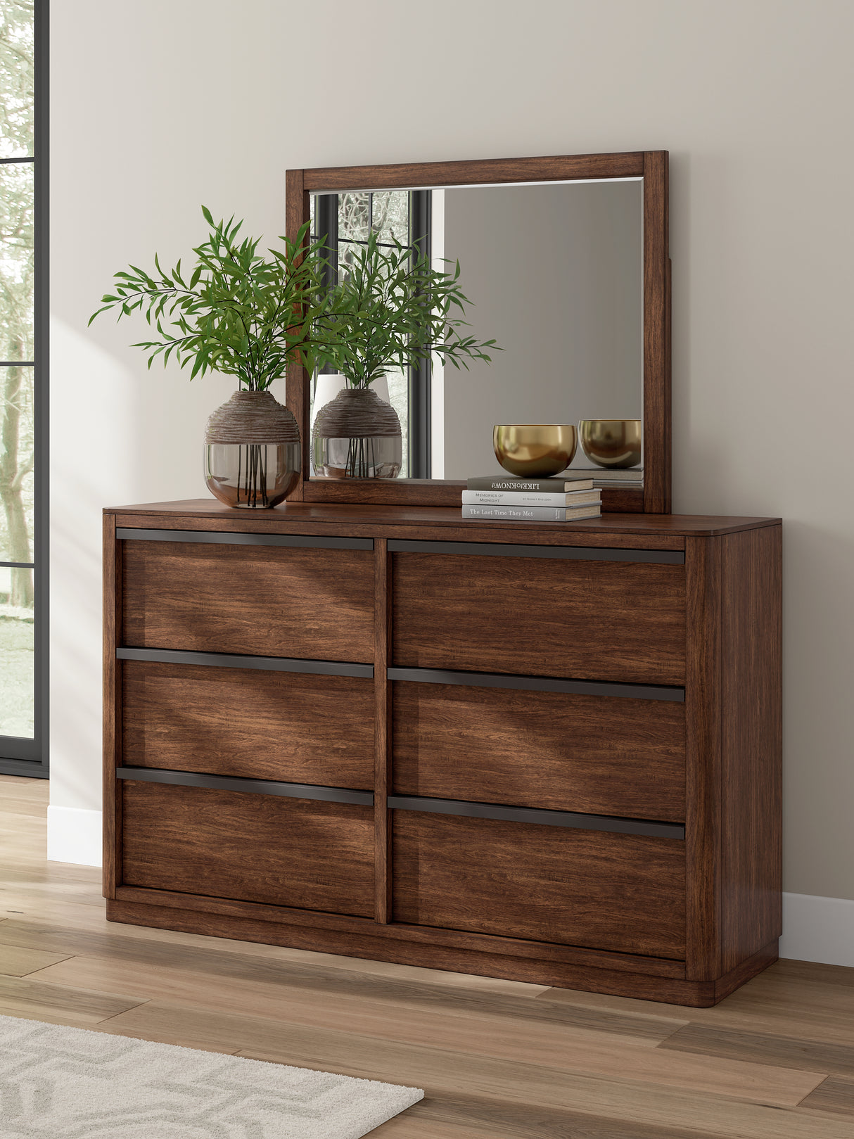 Dilenno Queen Canopy Bed with Mirrored Dresser and Nightstand in Dark Brown from Ashley Furniture - Luna Furniture