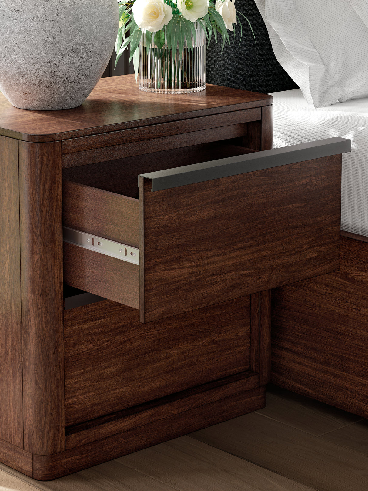 Dilenno Queen Canopy Bed with Mirrored Dresser and Nightstand in Dark Brown from Ashley Furniture - Luna Furniture