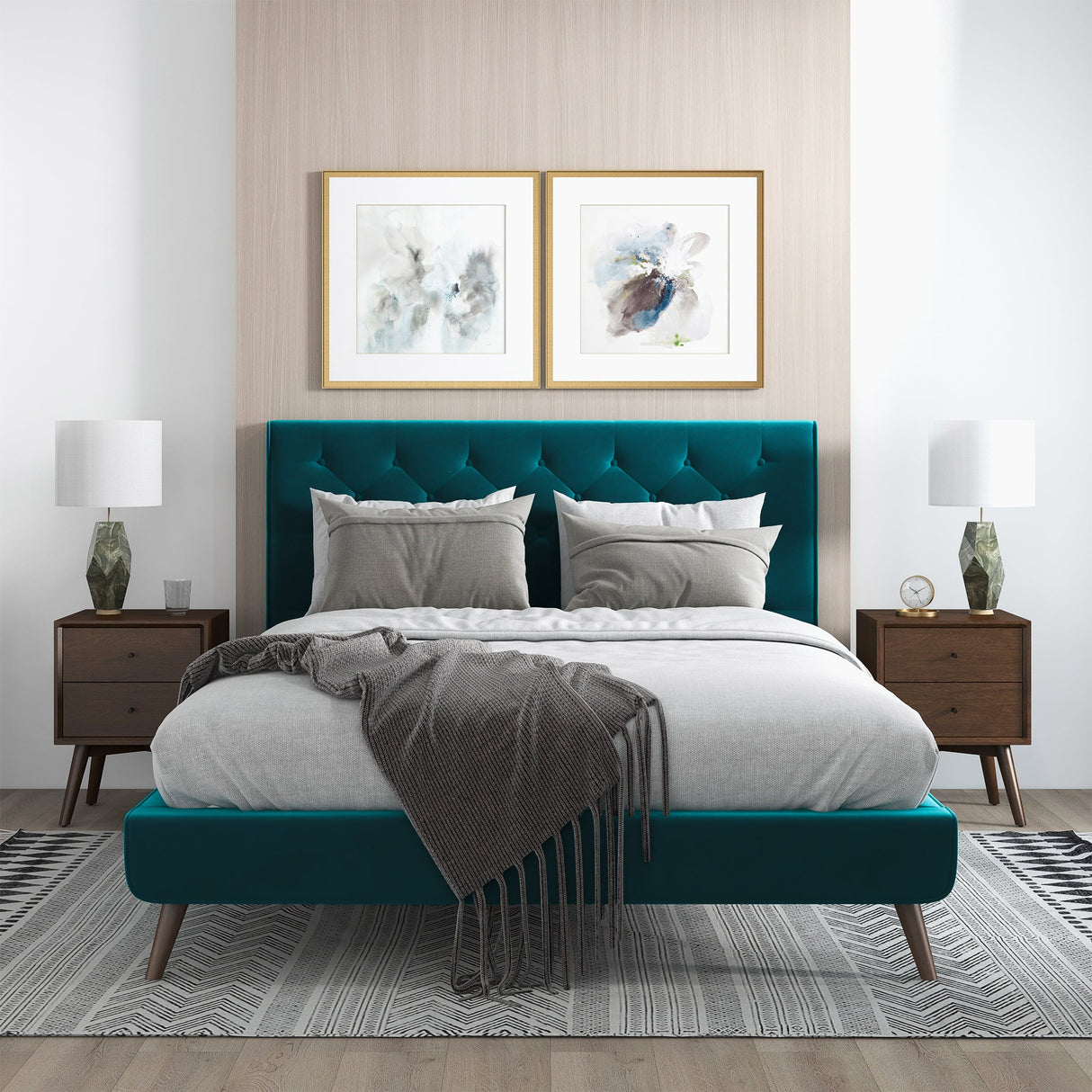 Dillon Velvet Platform Bed Queen / Teal from Ashcroft Furniture - Luna Furniture