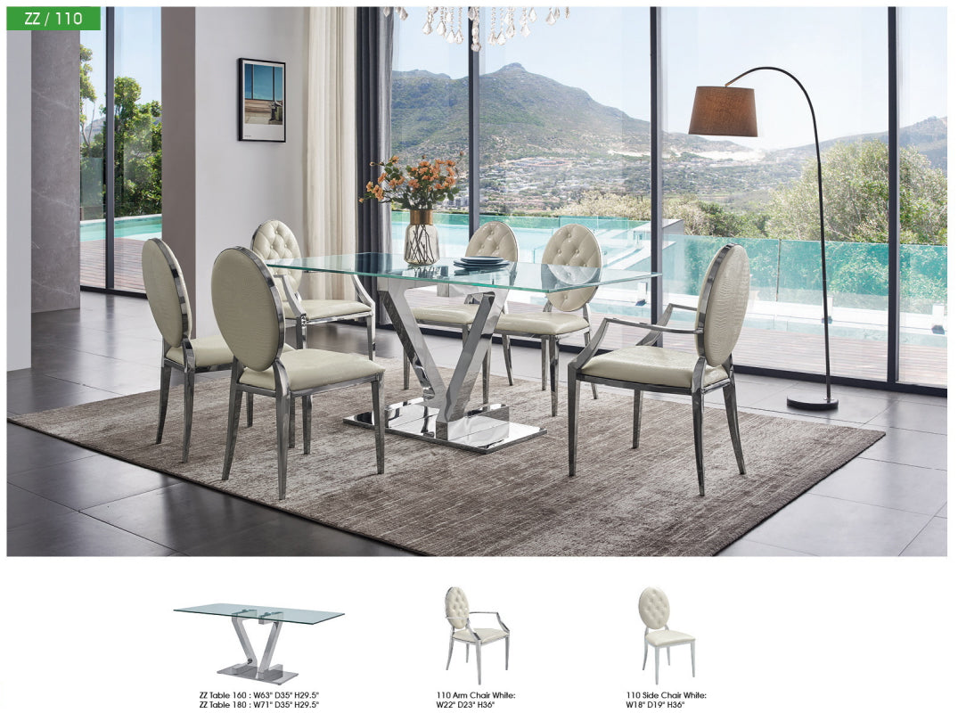 Zig Zag 180 Glass Top Stainless Steel Dining Table